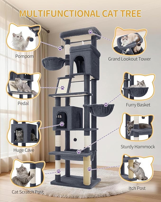 Hzuaneri Large Sturdy Cat Tree Tower, 84 Inch Tall Pet Condo for 7 Large Cats, Cat Tree Indoor Climbing Activity Tower, 2 Large Platform/2 Cave/2 Hanging Basket/5 Scratching Post, Dark Grey MS21318SG