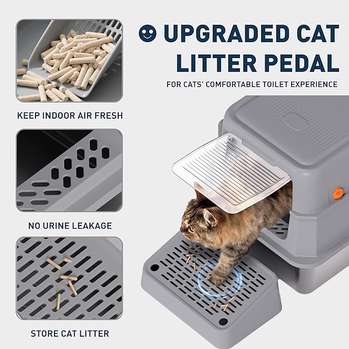 Stainless Steel Cat Litter Box - Gray High-Sided Enclosed Design, Anti-Leak, Reduces-Odors, Non-Sticky, Easy to Clean, Metal Cat Litter Box, High Side Includes Scoop and Steps, Large Capacity
