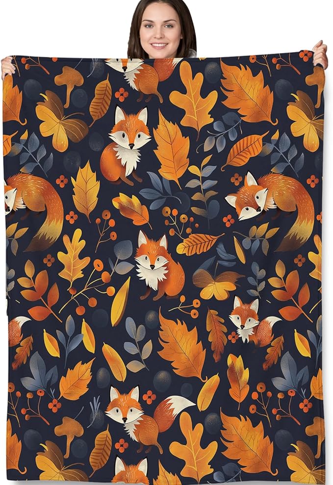 Autumn Fox Blanket Gifts - Fall Leaves and Fox Cozy Fleece Throw Blankets - Perfect for Autumn Decor, Nature Lovers, and Cozy Nights - 50x60 Inches