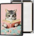 Vintage Cat In Bed Canvas Wall Art Funny Cute Cats Reading Books Poster Retro Pink Girls Room Pet Animal Aesthetic Prints Painting For Home Bedroom Kids Room Dorm Wall Decor 16x24in Framed