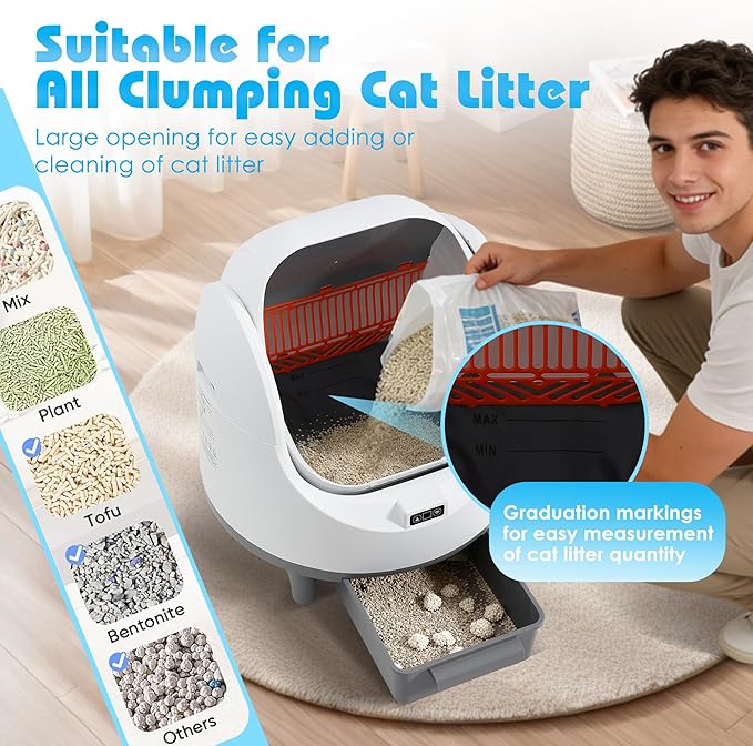 Automatic Cat Litter Box, Self Cleaning Litter Box with APP Control for Multiple Cats, Large Robot Kitty Litter Box with Safety Sensors, Odor Removal, 2 Roll Garbage Bags, 90L Open-Top Design