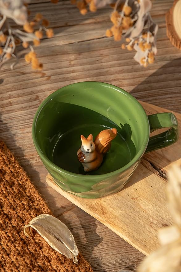 DIHOclub Farmhouse Ceramic Coffee Mug with Squirrel Figurine – Rustic Stoneware Cup, Matte Finish, Ideal for Breakfast & Home Decor (Green Squirrel)
