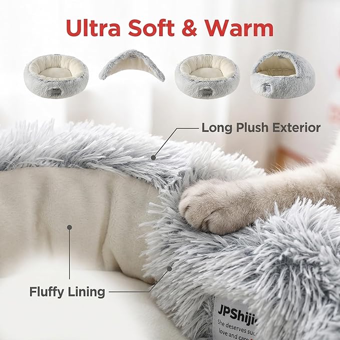 Hooded Dog Bed, Cat Cave Bed with Removable Hood, 2-in-1 Convertible Donut Cat Bed, All Season Fluffy Pet Bed for Cats Small Dogs (Cave Nest - Grey, Large Size 23.6 in)