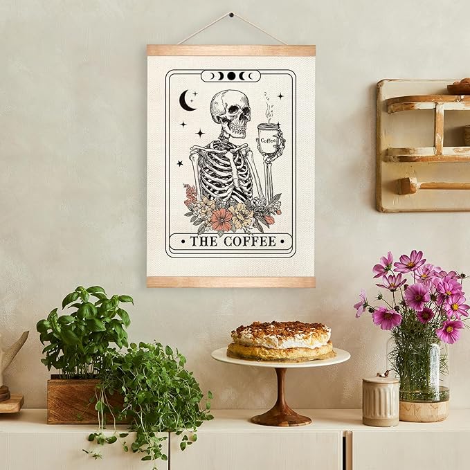 HEYJEEPER The Coffee Tarot Card Wall Art,Retro Skeleton with Floral Canvas Print Hanging Poster,Funny Skull Wall Decor for CoffeeBar,Cafe Shop or Kitchen,Coffee Lovers Gift 14x18inch