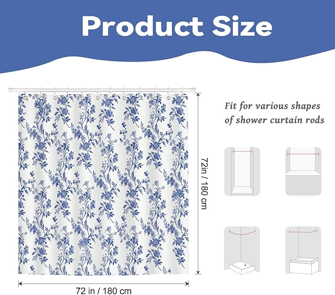 Blue Floral Shower Curtain,Vintage Wildflower Botanical Print Waterproof Polyester Fabric Bath Curtain,Spring Summer Bathroom Decor with 12 Hooks,72x72 Inch