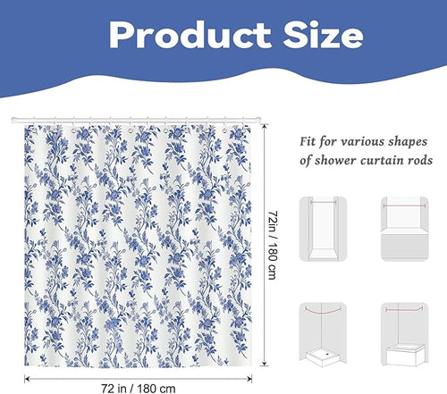 Blue Floral Shower Curtain,Vintage Wildflower Botanical Print Waterproof Polyester Fabric Bath Curtain,Spring Summer Bathroom Decor with 12 Hooks,72x72 Inch