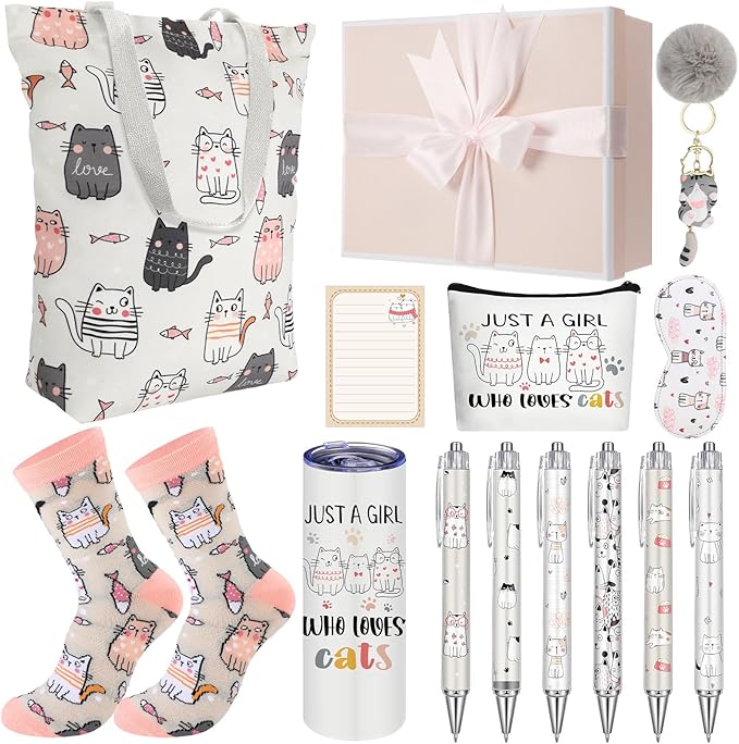Wonderjune 14 Set Cat Lover Gift Basket, Cat Mom Gifts for Women Birthday Mother's Day Presents for Her Friends Mom Sister Wife Coworkers Daughter Aunt