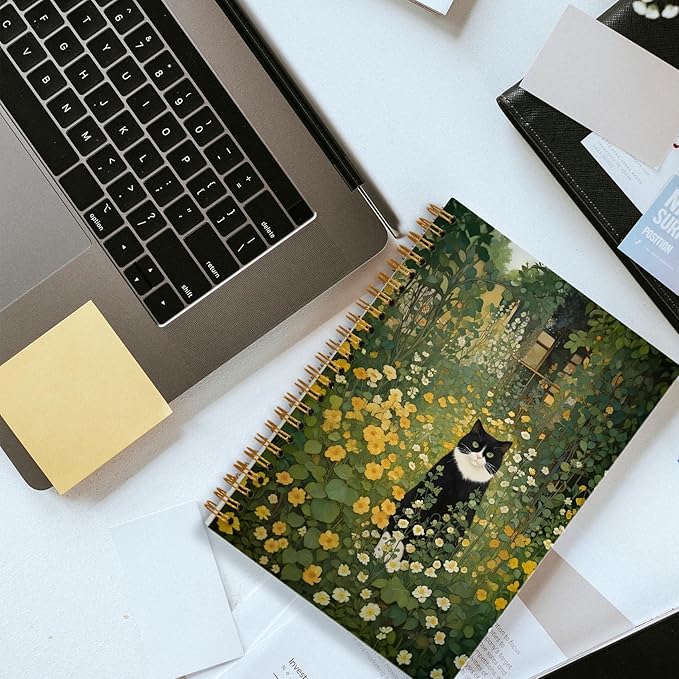 Wildflower Moody Cat Notebook, Retro Cottagecore Botanical Black and White Cat Journal for Writing, Witchy Cats Office Supplies, Spiral Notebook 5.5x8.3 Inch