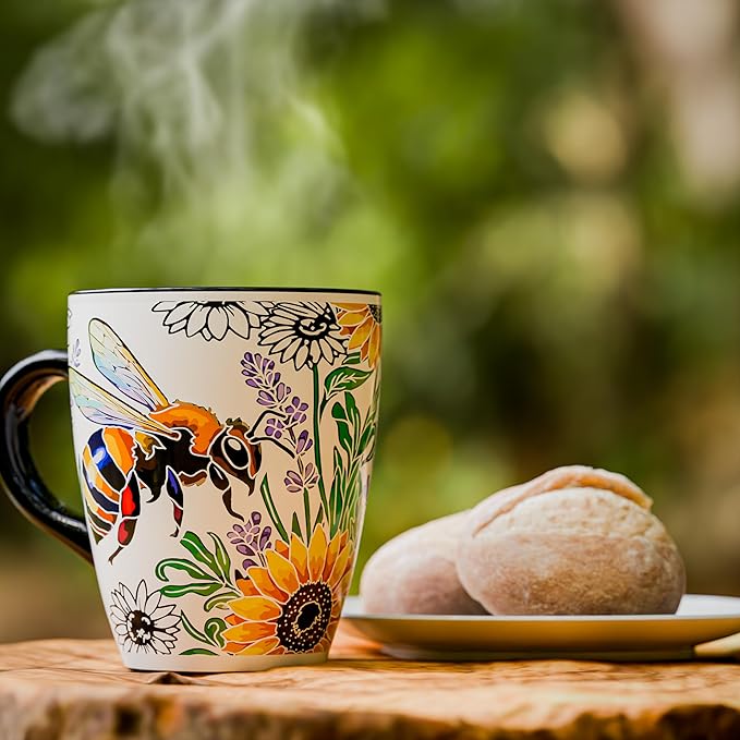 Color Changing Bee Coffee Mug 12oz – Heat Sensitive Ceramic Cup with Floral Reveal – Bee and Sunflower Gifts for Women, Unique Coffee Mugs, Christmas Holiday Gift, Perfect for Coffee, Tea or Cocoa