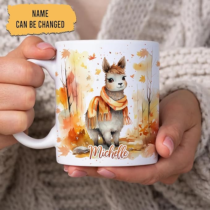 Hyturtle Personalized Fall Llama Coffee Mug - Birthday Gifts For Llama Lovers - Fall Autumn Decor Gifts For Farmhouse Thanksgiving - Custom Name 11oz White Ceramic Coffee Tea Mug