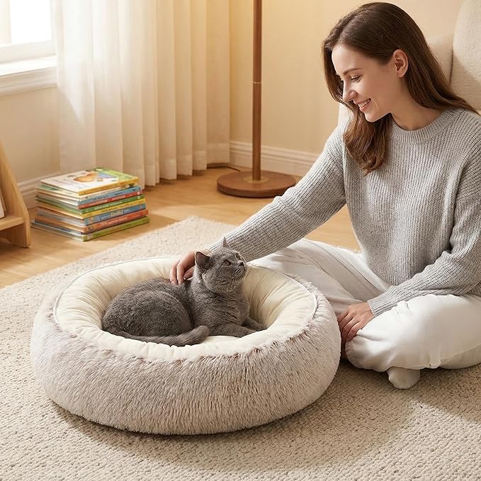 Calming Donut Dog Bed Cat Bed, Fluffy Long Fur Outer & Short Fur Inner, Sweat-Free Cozy Cuddler, Non-Slip Bottom,for Small Medium Dogs Cats Puppy Kitten (Donut Bed - Coffee Color, Large Size 23.6 in)