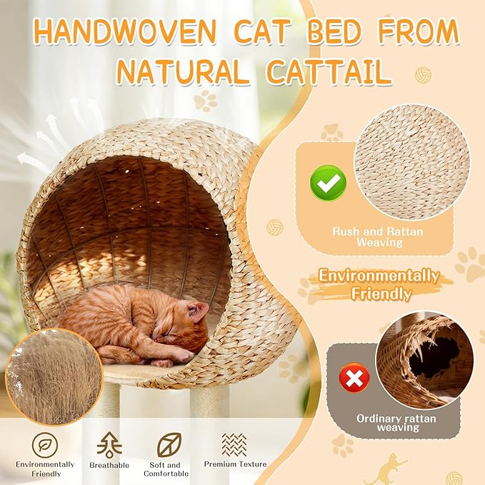 Rattan Cat Tree,60.2'' Tall Modern Cat Tree Tower with Scratching Post for Indoor Cats Large Adult,Luxury Multi Level Cattail Cat Condo with Big House,Hammock,Scratcher Board for Multiple Cats