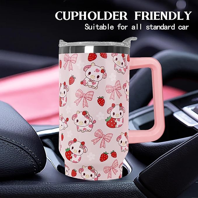 Ceovfoi 40 Oz Strawberry Cow Tumbler With Handle,Cow Print Coffee Travel Mug Cup Water Bottle,Strawberry Decor, Cow Print Gifts for Women