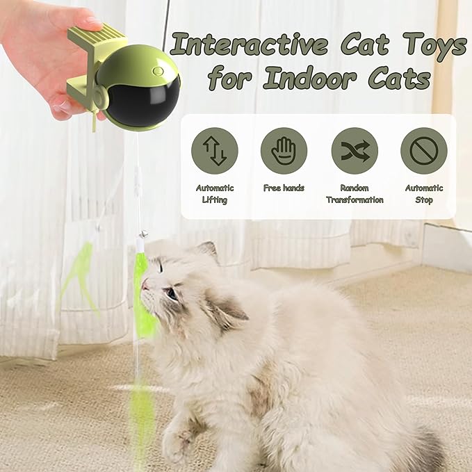Interactive Cat Toys for Indoor Cats, Hanging Automatic Kitten Feather Toys Retractable Rope, Cat Toys for Bored Indoor Adult Cats with Feather & Fluff Ball & Tassel