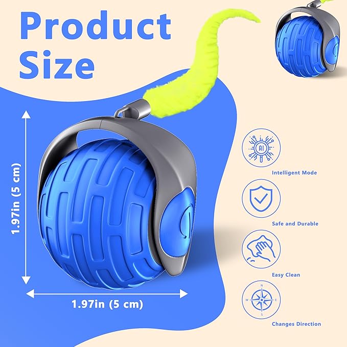 Cat Toys,Interactive Cat Toys Ball for Bored Indoor Cats,Automatic Rolling,Drop Resistant and Obstacle Avoidance,2 Modes Adjustment,Fluffy Tail and USB Type-C Rechargeable（Blue）