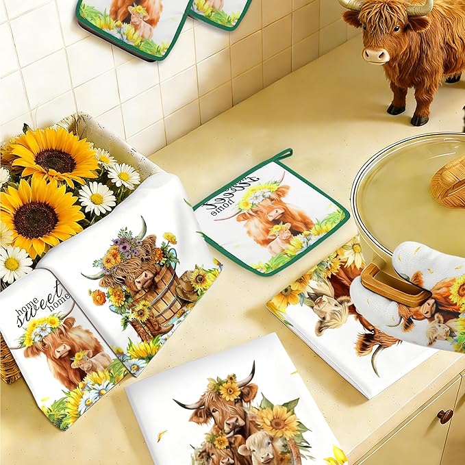 10 PCS Highland Cow Decor Kitchen Accessories - Sets 4 Dish Towels 2 Pot Holders 2 Oven Mitts 2 Rugs for Home Sweet Home Sunflower Cattle Bathroom Cooking Farmhome Housewarming Baking Gifts