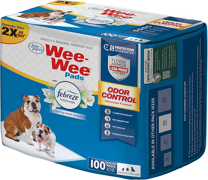 Four Paws Wee-Wee Odor Control with Febreze Freshness Pee Pads for Dogs & Puppies, Leak-Proof Dog Housebreaking Potty Training Floor Protection, Spring Fresh Scent, 22" x 23", 10 Count