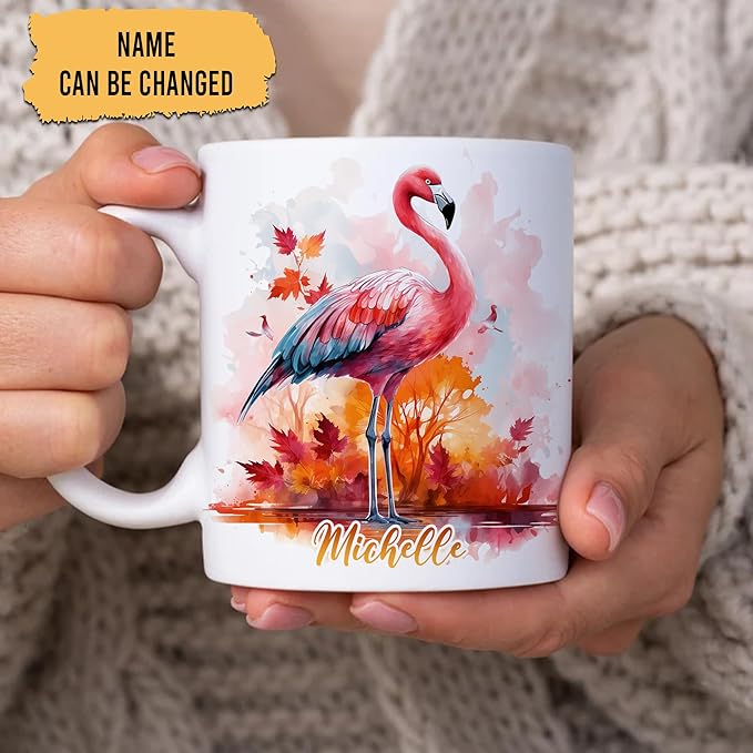 Hyturtle Personalized Fall Flamingo Maple Leaves Coffee Mug - Birthday Gifts For Flamingo Lovers - Fall Autumn Decor Gifts For Farmhouse Thanksgiving - Custom Name 11oz White Ceramic Coffee Tea Mug