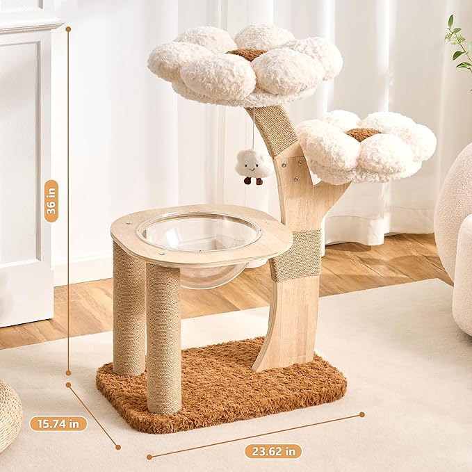 HITTITE Flower Cat Tree with Scratching Post, 36 Inches Cute Cat Tower with Wooden Branch Design, Modern Cat Climbing Tower with Flower Perches and Space Capsule for Indoor Cats Large Adult. White