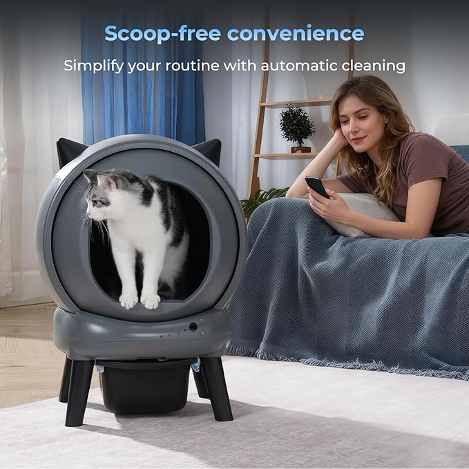 Self Cleaning Litter Box for Cats, E2 Automatic Cat Litter Box with Smart APP Control and Health Monitoring, Includes 2 Roll Trash Bag & Litter Mat, Grey