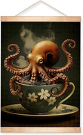 HEYJEEPER Whimsical Octopus in Teacup Wall Art Decor,14x18inch Gothic Dark Aesthetic Canvas Poster with Wood Frame, Retro Animal Poster for Kitchen,Living Room,Coffee Bar(Octopus)