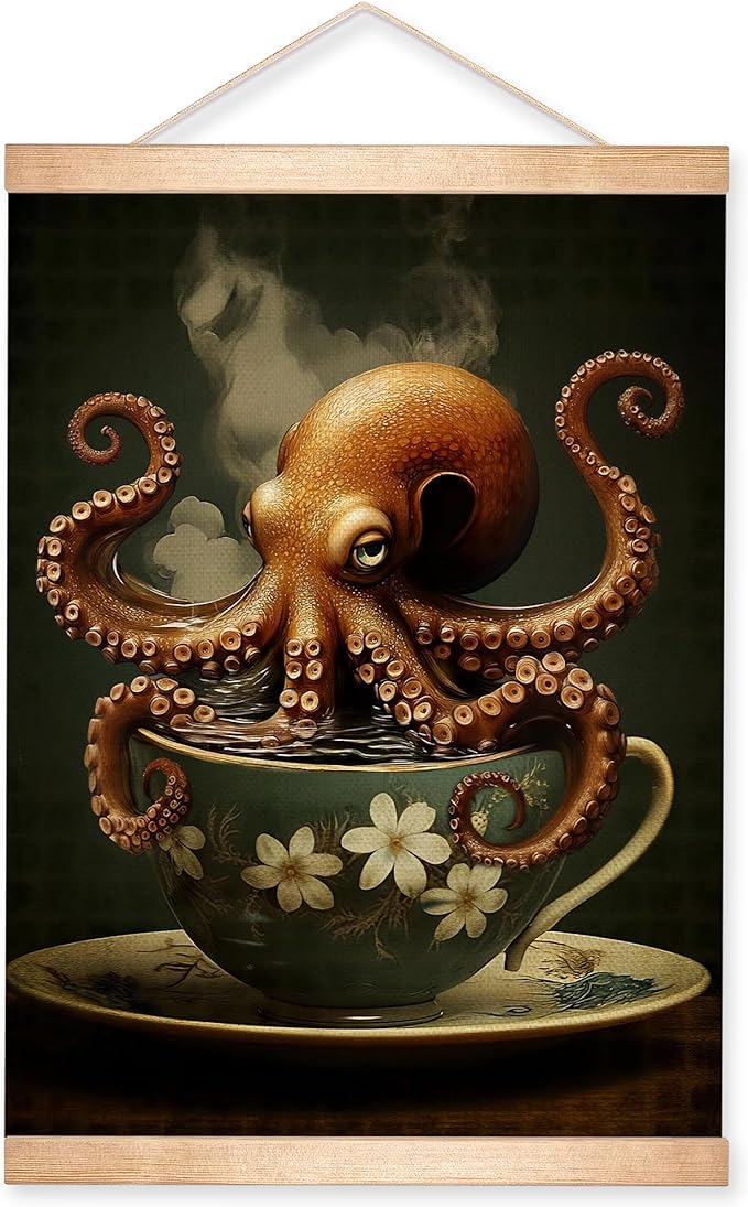 HEYJEEPER Whimsical Octopus in Teacup Wall Art Decor,14x18inch Gothic Dark Aesthetic Canvas Poster with Wood Frame, Retro Animal Poster for Kitchen,Living Room,Coffee Bar(Octopus)