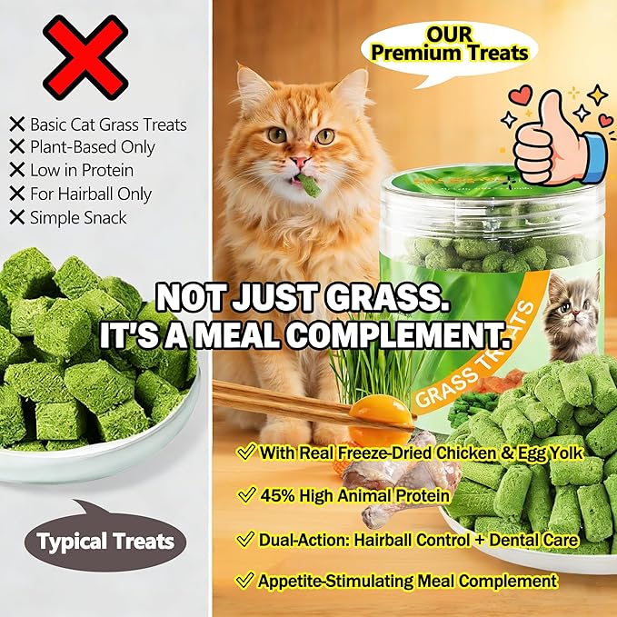 3.5oz Freeze-Dried Chicken Cat Treats with Cat Grass & Egg Yolk - Hairball Control, Dental Care Teething Sticks for Indoor Cats, High Protein Grain-Free Cat Snacks