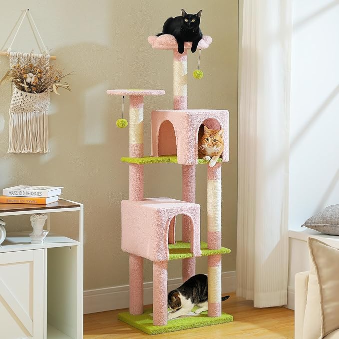 MUTTROS Flower Cat Tree, 62-Inch Tall Multi-Level Cat Tower with Scratching Posts for Large Indoor Cats, Plush Bed w/Padded Perches, Scratching Pad & 2 Green Pompoms, Pink