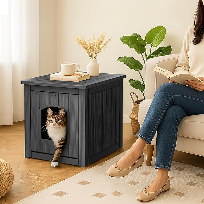 Cat Litter Box Enclosure, Plastic Hidden Litter Box Side Table with Openable Front Door, Cat Box Enclosure Cabinet for Indoor & Outdoor Use, Weatherproof, Easy to Clean & Assemble, Black