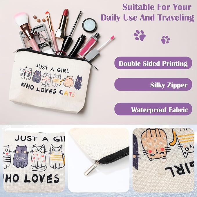 Mepase 6 Pcs Winter Cat Gifts Set for Women Birthday Include Cat Beanie, Scarf, Touchscreen Gloves, Flannel Throw Blanket Makeup Pouch and Transparent Zip Tote Purple Knit Valentine Gift Accessories