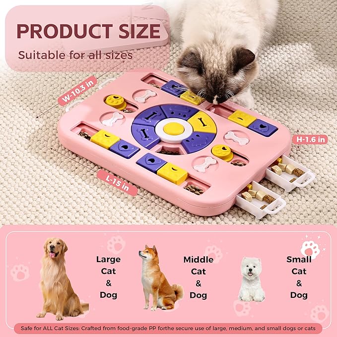 Cat Puzzle Feeder with Sound: 4-in-1 Interactive Stimulating Toys for Cats and Large & Small Dogs, Dog Enrichment Toys & Cat Puzzle Toy to Prevent Boredom and Overeating (L-Level4-Pink)
