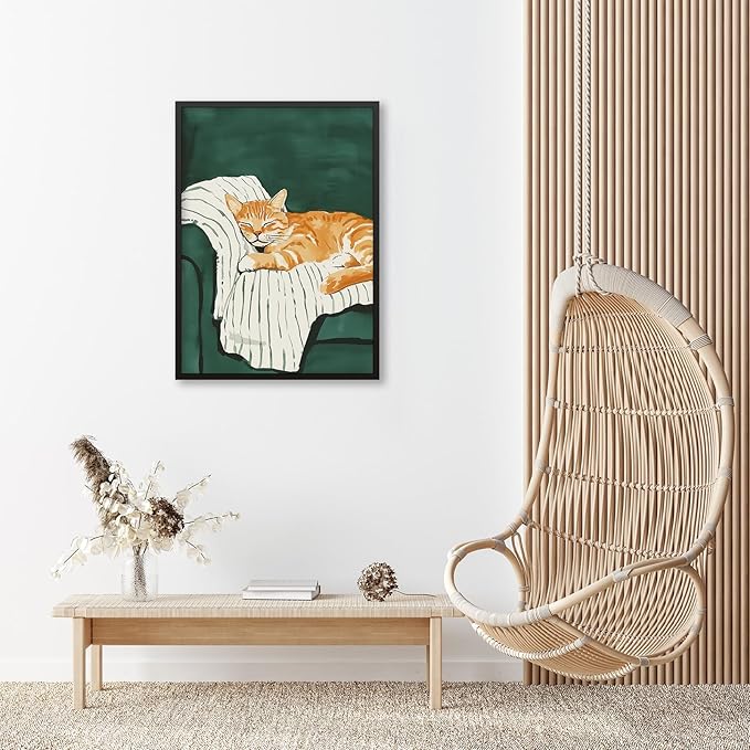 Sleeping Orange Cat poster Green Aesthetic Wall Art Preppy Funky Cute Animal Canvas Painting Gift For Cat Lover 16x24 inch Black Framed for Cozy Room Wall Decor
