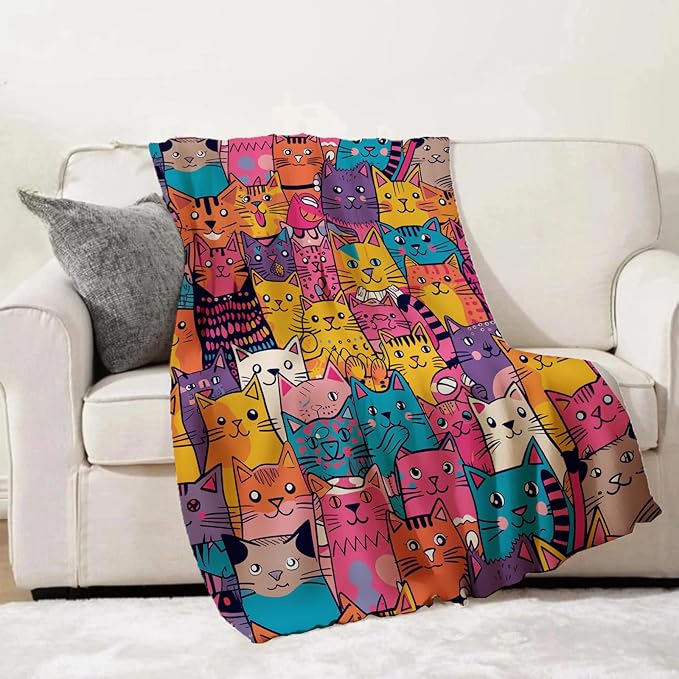 Colorful Cat Blanket Gifts - Funny Cat Soft Fleece Throw Blankets - Perfect for Cat Lovers, Kids, and Cozy Home Decor - 60x80 Inches