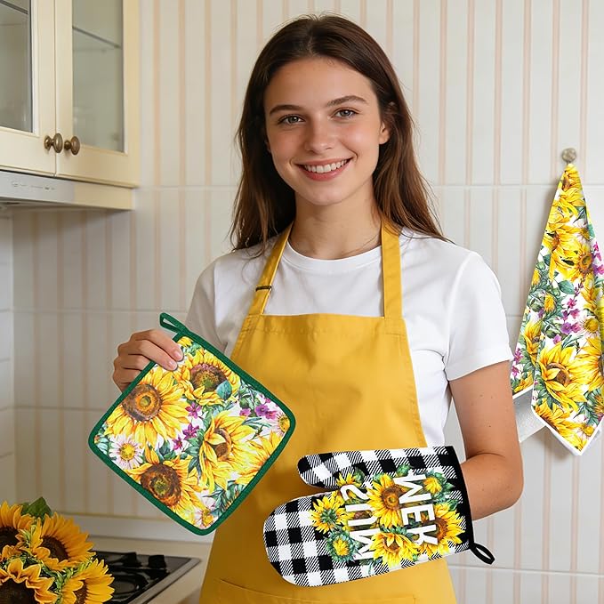 10 PCS Sunflower Plaid Kitchen Decor and Accessories - Sets 4 Kitchen Towels 2 Pot Holders 2 Oven Mitts 2 Rugs for Kitchen Bathroom Home Cooking Farmhome Housewarming Baking Daughter Mom Gifts