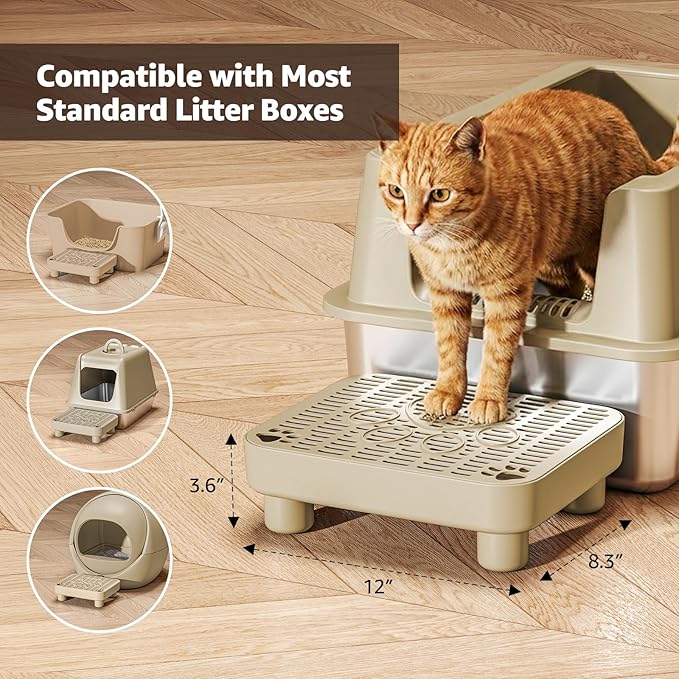 Cat Litter Box Step Ramp,Cat Litter Catcher Mat with ABS Material Base,Filter Function,Pedal Stool for Self-Cleaning Litter Box,Anti-Tracking & Non-Slip,Ideal for Kitten & Elderly Cats,Khaki
