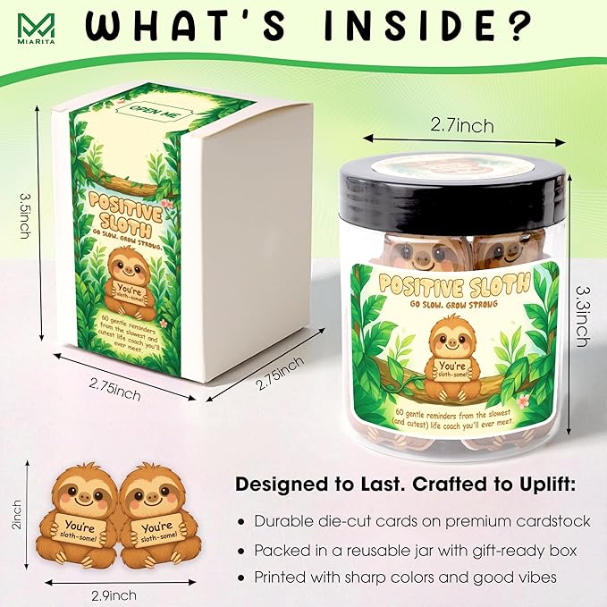 Miarita Positive Sloth Jar – 60 Affirmation Cards for Anxiety & Self Care - Sloth Gifts For Women, Teacher Appreciation Gifts For Women, Birthday Gift for College Friend