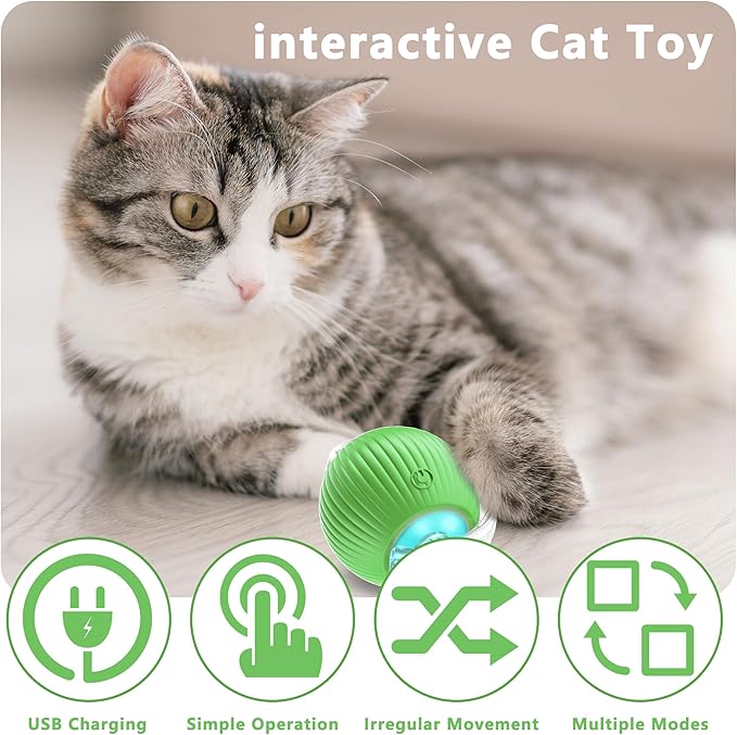 Interactive Cat Ball Toys,Indoor Moving Cat Toys, Automatic Rolling Toy with Cord, Interesting Rotating Ball Toy for Dogs and Cats (Green)