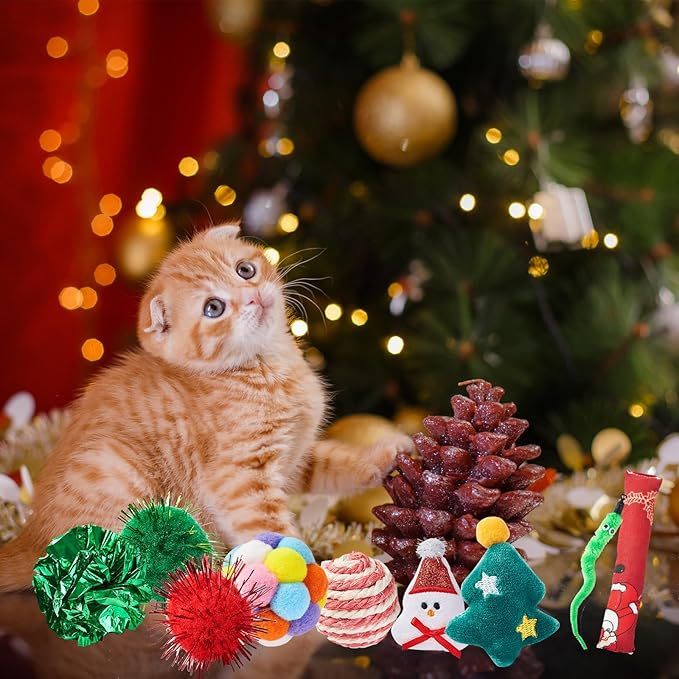 Christmas Cat Toy Advent Calendar 2025, 24 Days Xmas Cat Toys Countdown Calendar Gift Set for Cat Lovers with Mice Ball Bells Feather Teaser