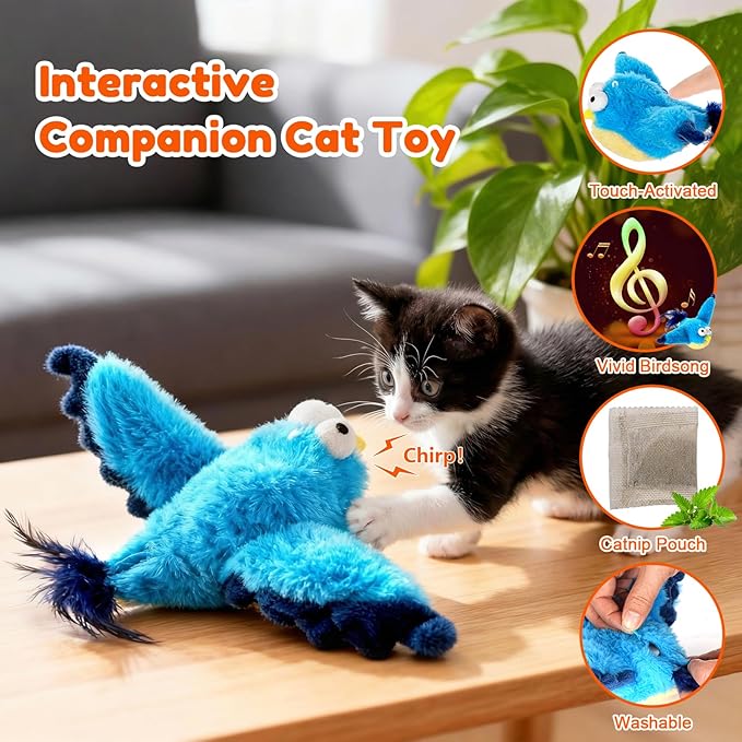 Flying Bird Cat Toys - Interactive Simulated Chirping & Flapping Wings, Realistic Flappy Chase with Catnip, Viral USB Rechargeable Motion-Activated Toy for Indoor Cats