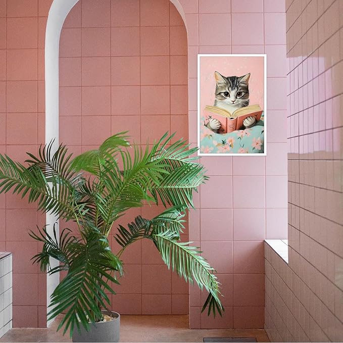 Vintage Cat In Bed Canvas Wall Art Funny Cute Cats Reading Books Poster Retro Pink Girls Room Pet Animal Aesthetic Prints Painting For Home Bedroom Kids Room Dorm Wall Decor 8x12in Unframed