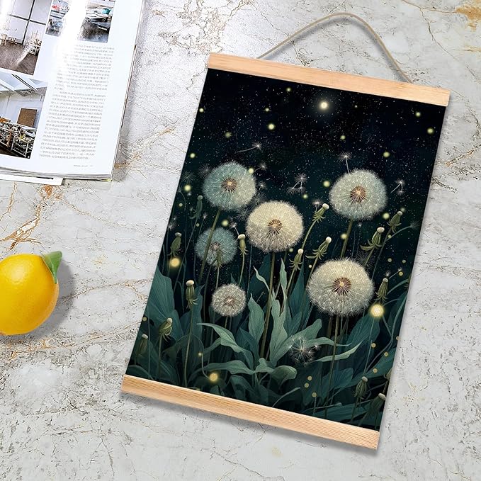 HEYJEEPER Dreamy Dandelion Wall Art, Night Botanical Firefly Linen Poster, Whimsical Nature Aesthetic Artwork Wall Hanging Decor for Living Room or Meditation Space,Calm Home Decor Gift 14x18inch (Dandelion)