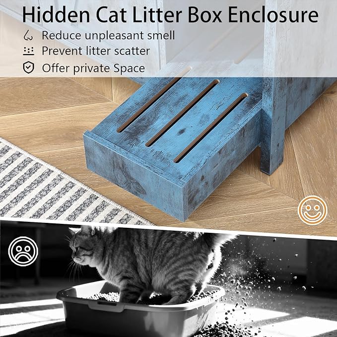 Cat Litter Box Cabinet with Litter Collector and a Dog-Proof Adjustable Shelf,Litter Box Enclosure Compatible with Cat Robot 3 & 4, and Integrated Power Outlet (Blue)