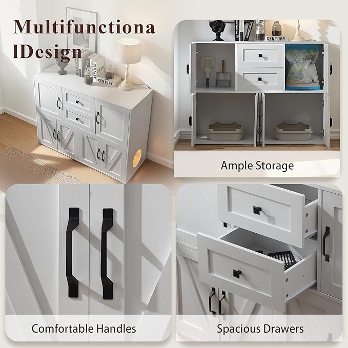 Spacious Wooden Double Cat Litter Cabinet with Drawers for Two Cats, Indoor Dog-Proof Cat House with Dual Compartments, 47.6 Inch Modern Privacy Litter Box Furniture (White)