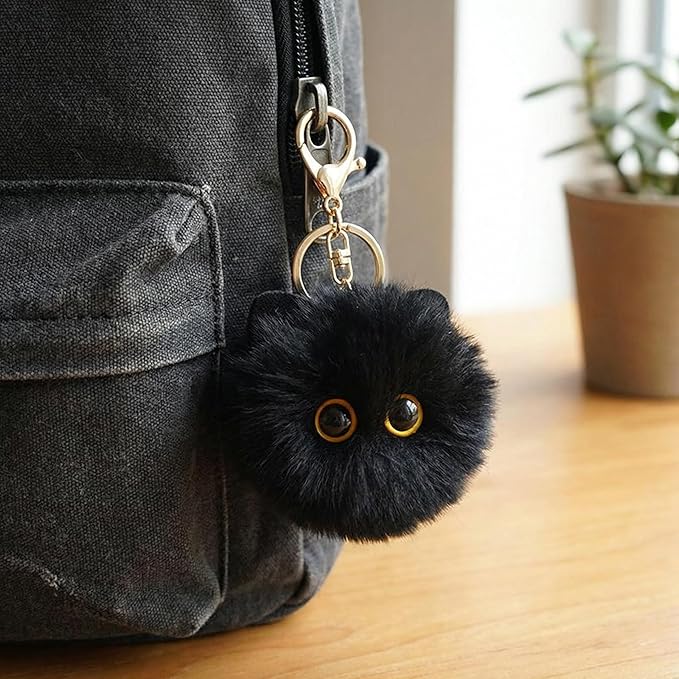 Cute Black Cat Plush Keychain - Kawaii Bag Charm, Soft Cat Pom Pom Keychain for Backpack Purse Keys, Birthday Gift for Women Girls Cat Lovers