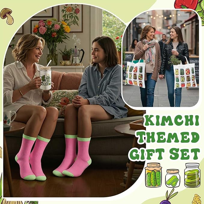 Paterr 4 Pcs Pickle Gifts for Women Pickle Themed Gift for Mother's Day Birthday Party Decorations, with Canvas Tote Bag 16oz Glass Coffee Cup with Straw Socks Cute Keychain