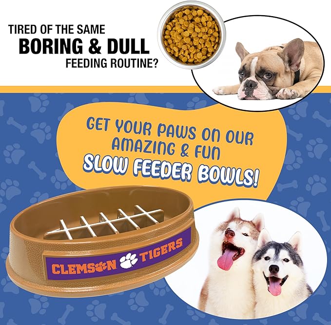 NCAA Super-Bowl - Clemson Tigers Slow Feeder Dog Bowl. Football Design Slow Feeding Cat Bowl for Healthy Digestion. Non-Slip Pet Bowl for Large & Small Dogs & Cats