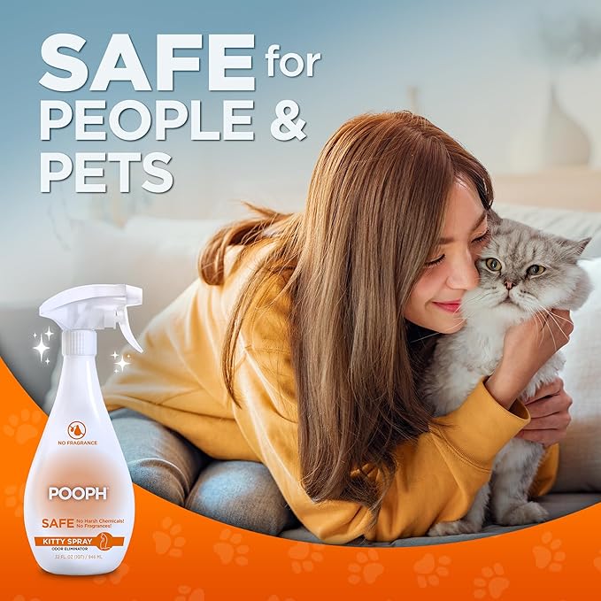 POOPH® Kitty Odor Eliminator Spray – 32oz Single & 32oz 2-Pack Bundle – Patented, Fragrance-Free, Non-Toxic, Safe for Cats – Use on Furniture, Litter Areas, Bedding & More