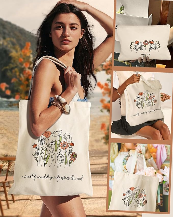 Miss Adola Aesthetic 2 Pack Canvas Tote Bag - with Makeup Zipper Pouch for Women Bag for Shopping, Gym, Travel, Vacation