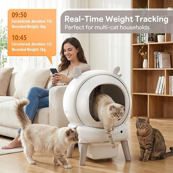 Self Cleaning Litter Box, Automatic Litter Box with Odor Control for Multiple Cats, Cute Ear Shaped Design, Large Capacity with Smart Real-Time App Monitor and Safety Sensors