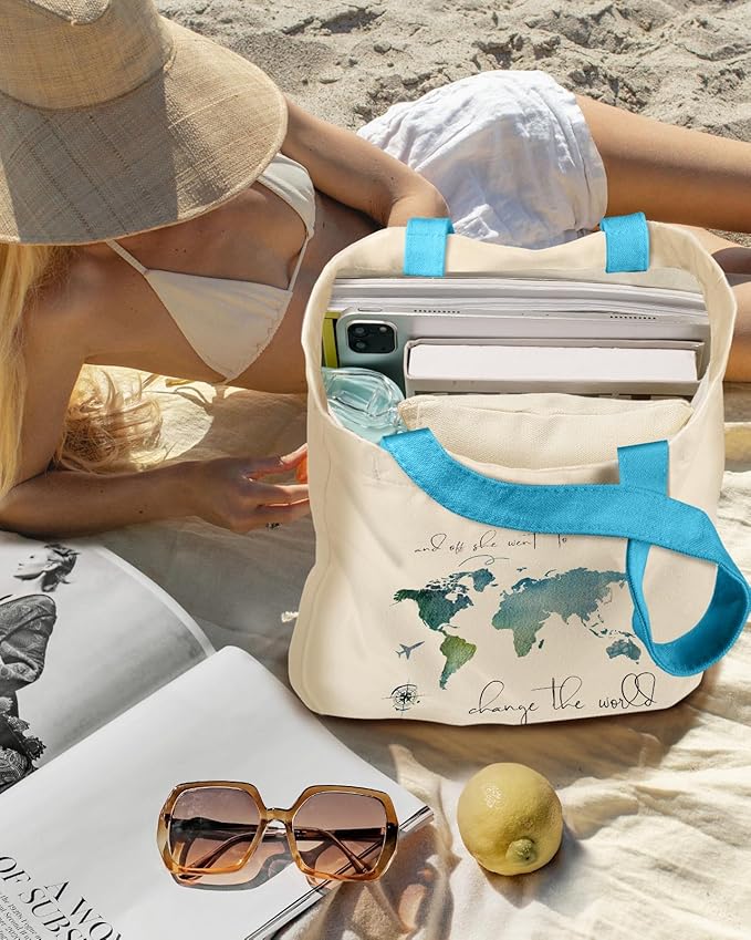 Miss Adola Aesthetic 2 Pack Canvas Tote Bag - with Makeup Zipper Pouch for Women Bag for Shopping, Gym, Travel, Vacation